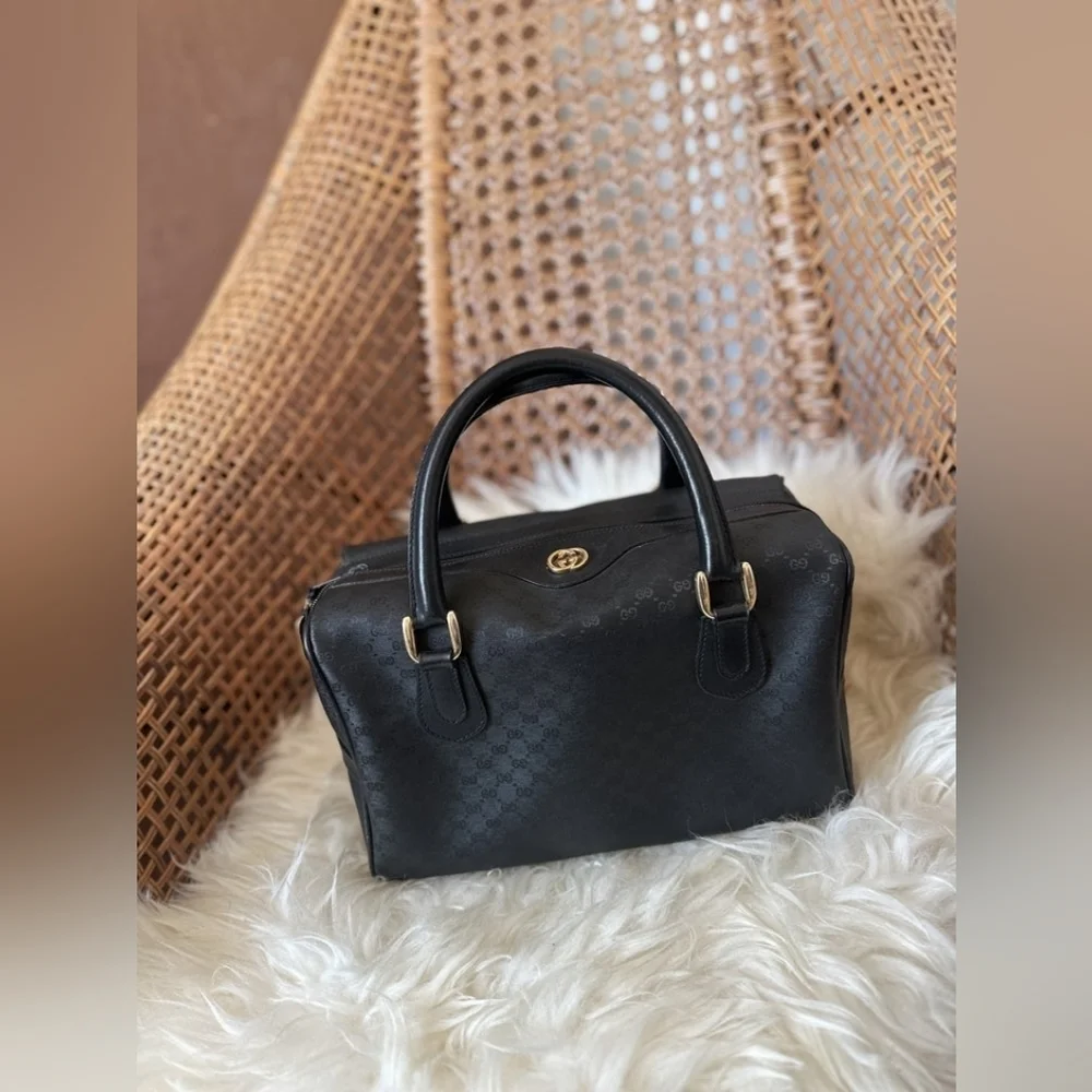 Gucci Vintage Boston Bag â Black Monogram Canvas w/ Gold Hardware - Picture 1 of 9